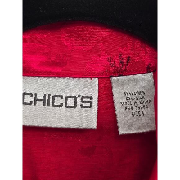 Chico's Linen Silk Blend Shirt Size 1 M Red Black Artsy Funky People Button Down - Picture 4 of 11